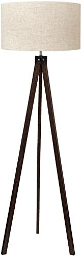 Walnut tripod floor lamp with linen drum shade