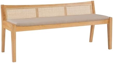Woven cane entryway bench with linen upholstered seat