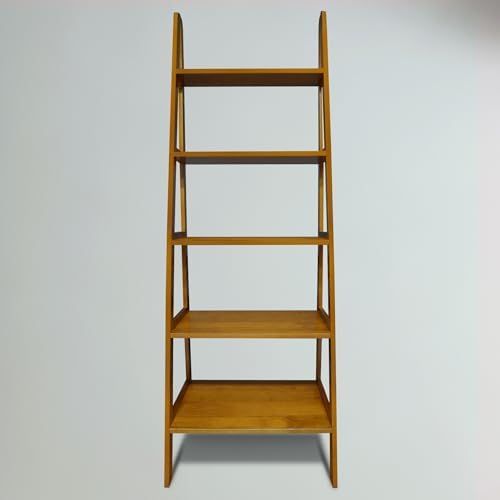 Solid wood 5-shelf ladder bookcase in chestnut
