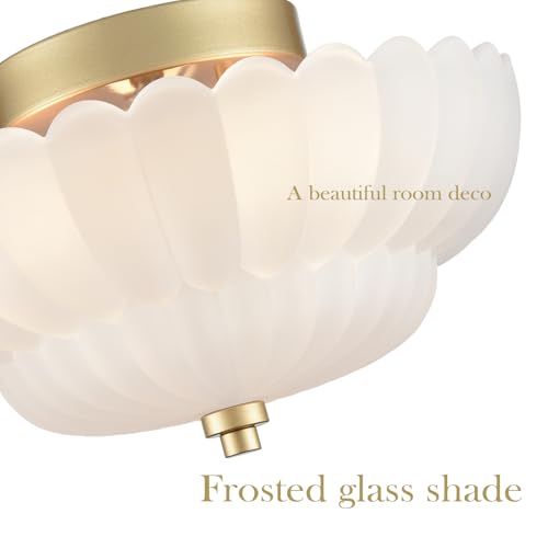 Scalloped milk glass flush mount ceiling light illuminated