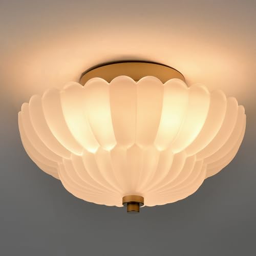 Scalloped milk glass flush mount ceiling light, brass hardware