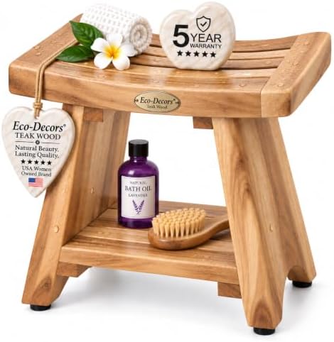 Solid teak shower bench with lower storage shelf