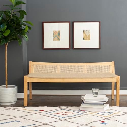 Cane entryway bench styled in an entryway