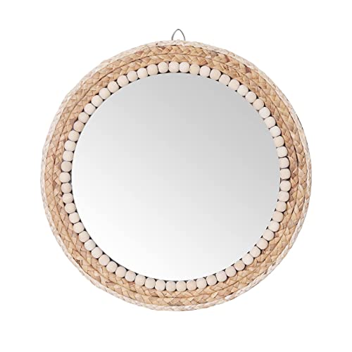 Woven rattan bead wall mirror hanging above a console