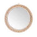 Woven rattan bead wall mirror hanging above a console