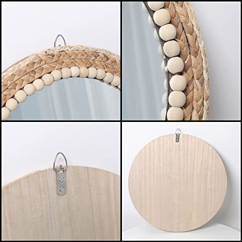 Rattan bead mirror styled in a bedroom