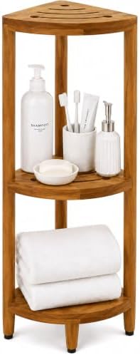 Teak corner shelf styled in a shower