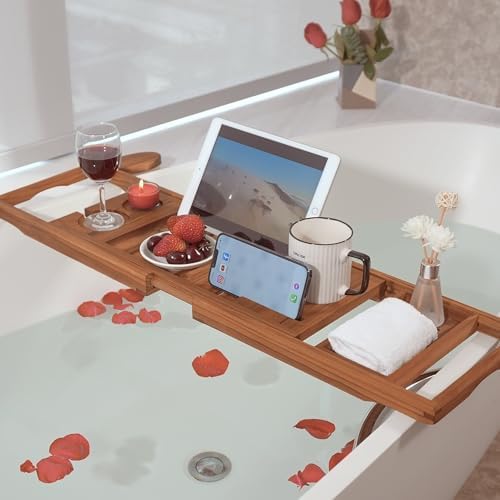 Teak bathtub caddy shown collapsed for storage