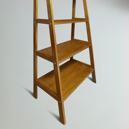 Close-up of graduated shelves on wood ladder bookcase