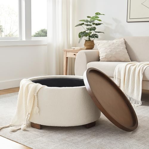 Boucle ottoman wood tray lid detail