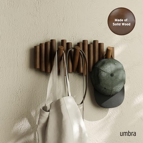 Umbra Picket walnut wall hook rack with hooks in use