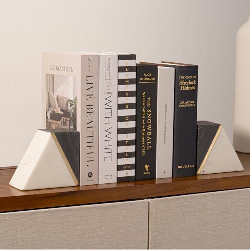 Marble bookends styled on a bookshelf