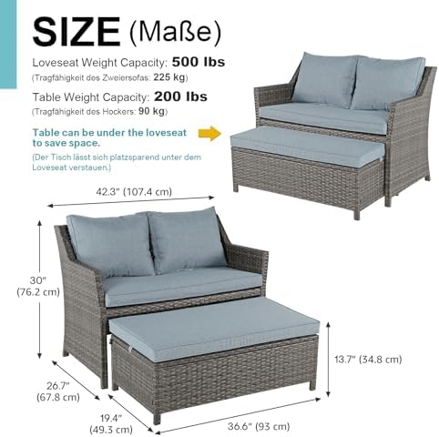 Wicker patio loveseat styled with cushions and pillows
