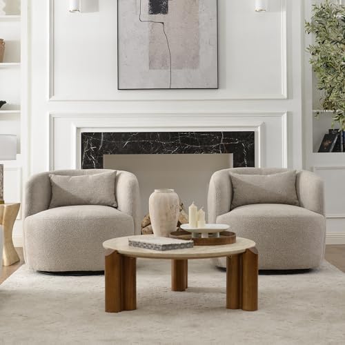 Close-up of taupe boucle texture and metal swivel base