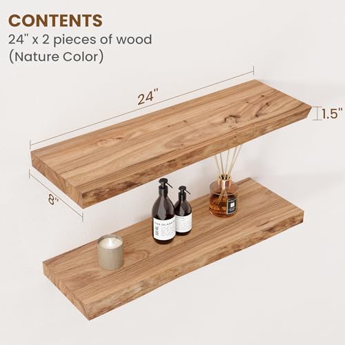 Live-edge floating shelves in a living room