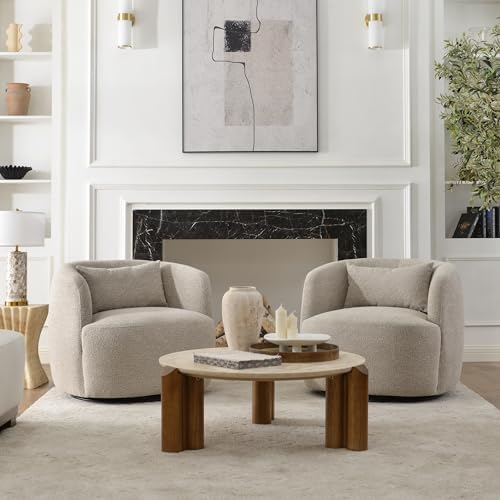 Pair of taupe boucle swivel barrel chairs