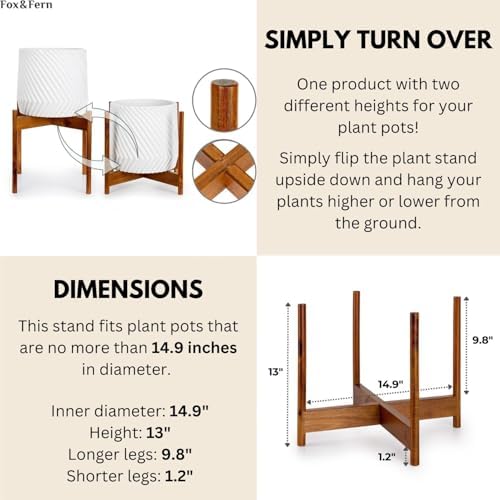 Close-up of tripod legs on acacia wood plant stand