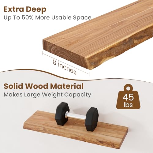 Elm wood floating shelves styled in a home office