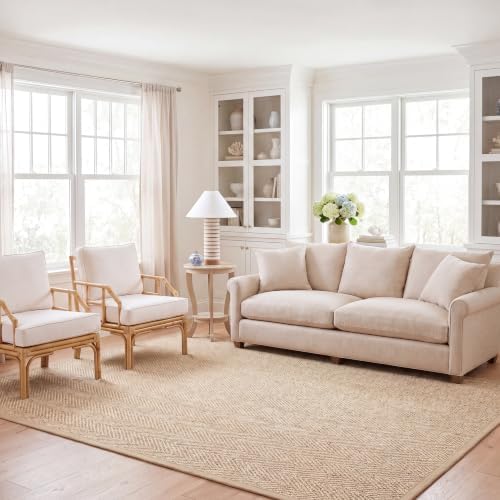 Sisal and wool woven area rug styled in a living room