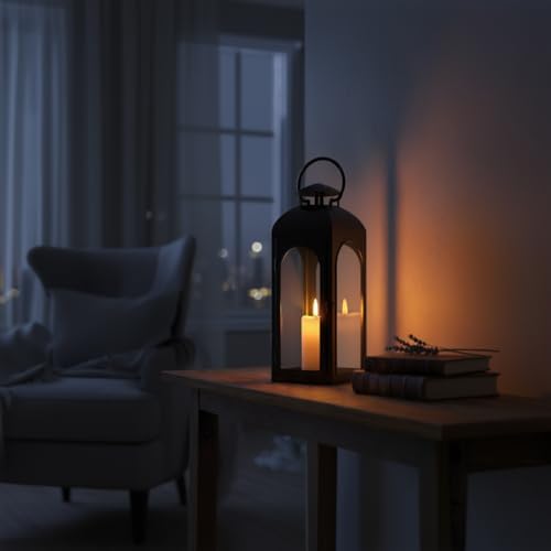 Candle lantern styled on an outdoor patio table