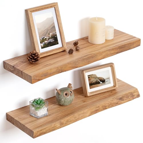 Solid elm live-edge floating shelves styled with decor