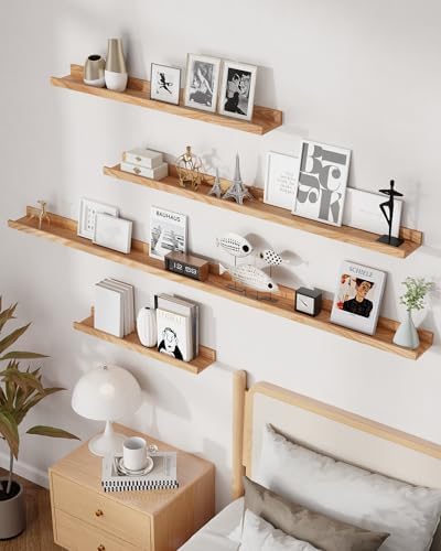 Oak ledge shelves styled with framed art and books