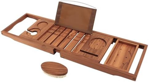 Teak bathtub caddy shown fully expanded with book stand raised