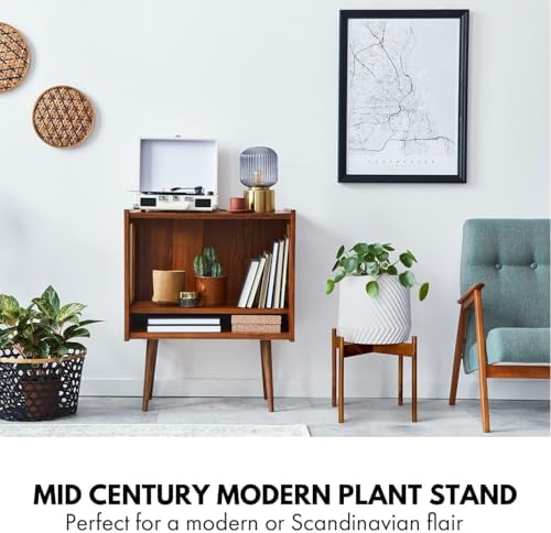 Acacia plant stand styled with a potted plant