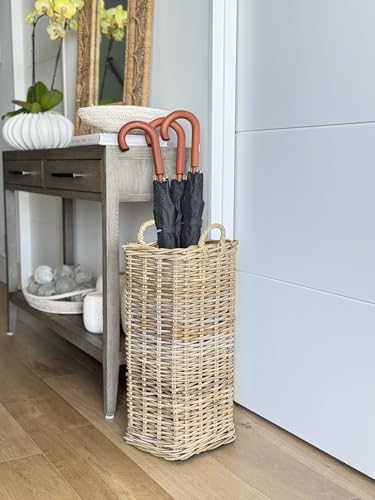 Rattan umbrella stand styled in an entryway