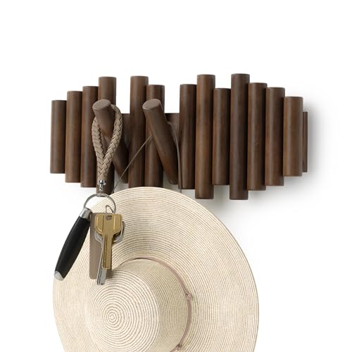 Umbra Picket walnut wall hook rack with hooks folded flush