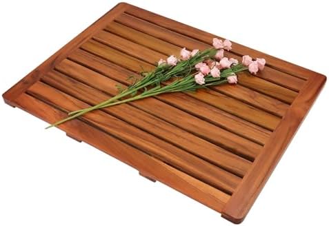 Solid teak spa bath mat with flower sprig styling