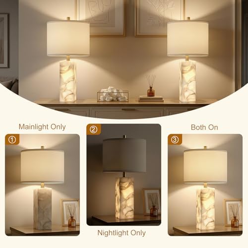 Alabaster table lamp linen shade detail