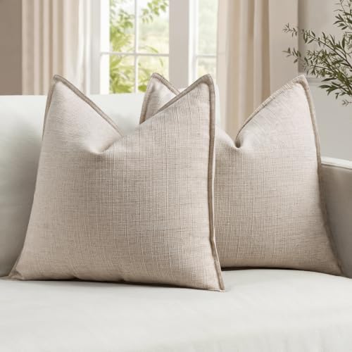 Oatmeal linen throw pillow covers styled on a sofa