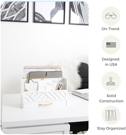 Desk organizer compartments holding notebooks and envelopes