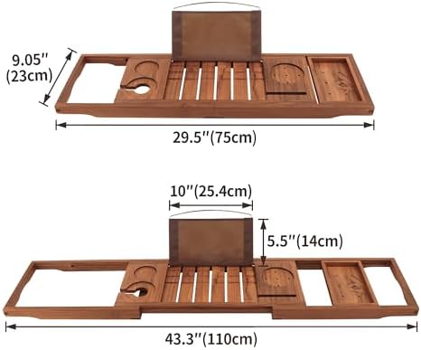 Teak bathtub caddy with tablet propped on the built-in book stand
