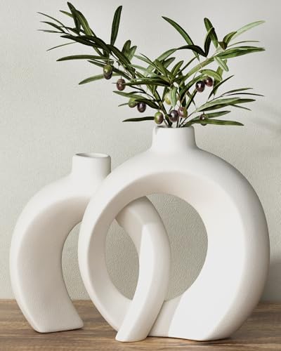 Sculptural donut ceramic vase set of 2, matte white, styled with olive branch