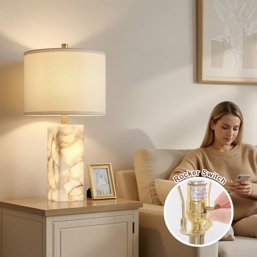 Alabaster table lamp glowing warm light