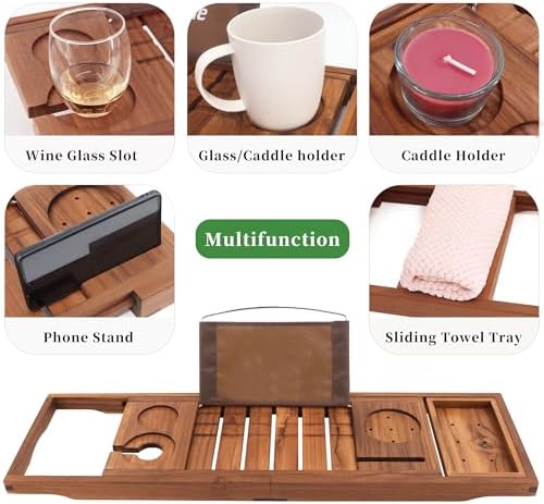 Teak bathtub caddy with included teak body brush accessory