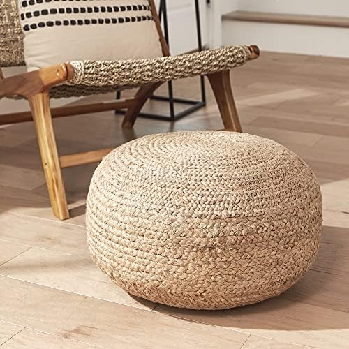 Woven jute pouf ottoman front view