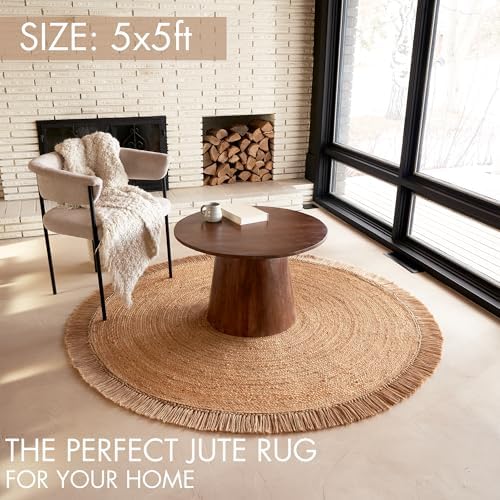 Round jute rug under a console table