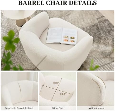 Boucle barrel chair styled in a reading nook