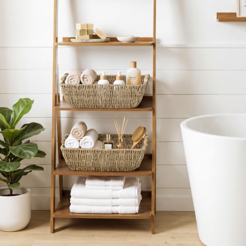 Seagrass storage basket with wood handles styled on shelf