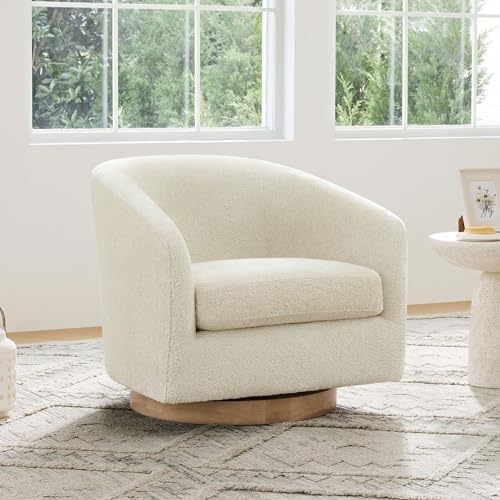 Cream swivel barrel chair with solid wood base