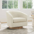 Cream swivel barrel chair with solid wood base