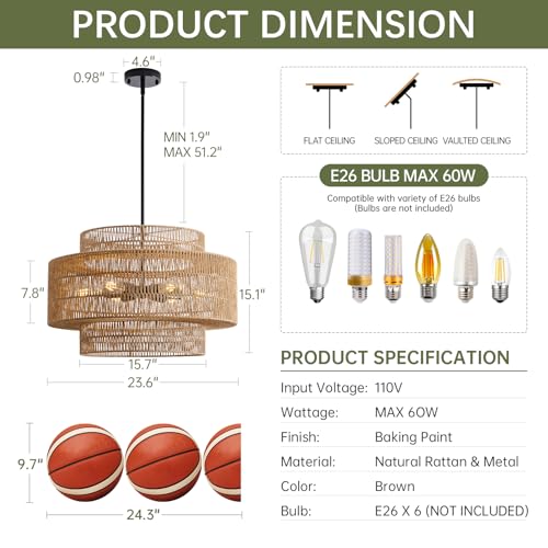 Rattan chandelier dimensions and tiered silhouette