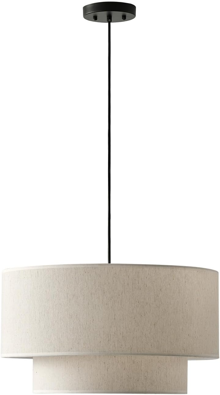 Two-tier linen drum pendant light on white background