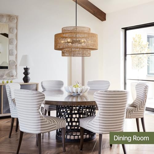Rattan chandelier black hardware and lamp rod detail