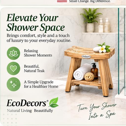 Teak shower bench styled in a spa-style bathroom