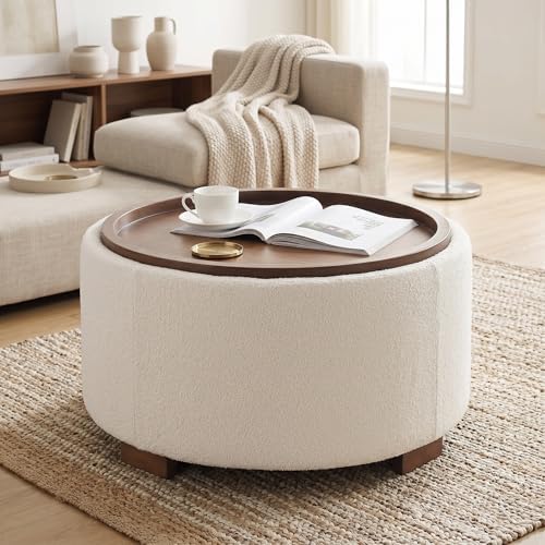 Boucle storage ottoman coffee table styled in a living room