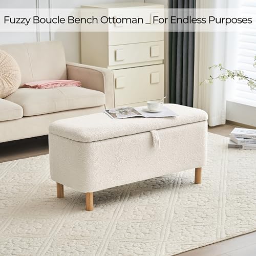 Boucle storage bench in entryway setting